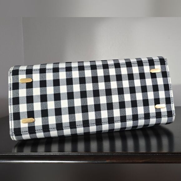 🐢 Tory Burch Black/White Checkered Canvas Lee Radziwill Top Handle Bag - Picture 8 of 17